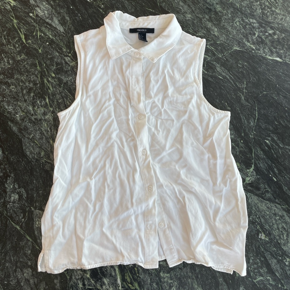 Forever 21 White Sleeveless Button-Down Shirt